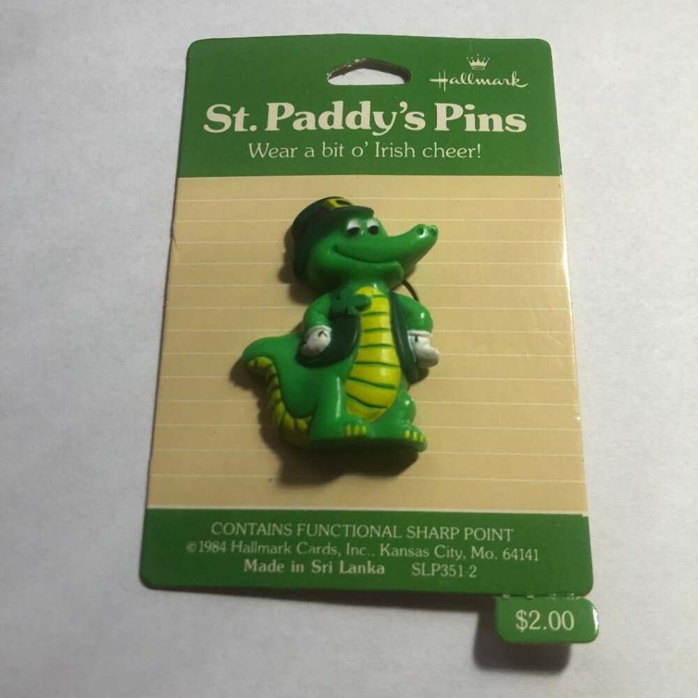 New Vintage Hallmark St Patrick's Alligator Crocodile Shamrock 80's Lapel Pin
